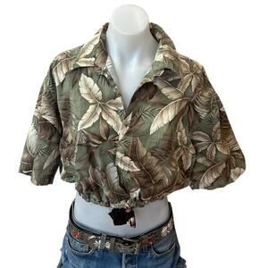 Hawaiian Shirt Button Down Crop Top One Size Boxy Oversized Vacation Cotton Palm